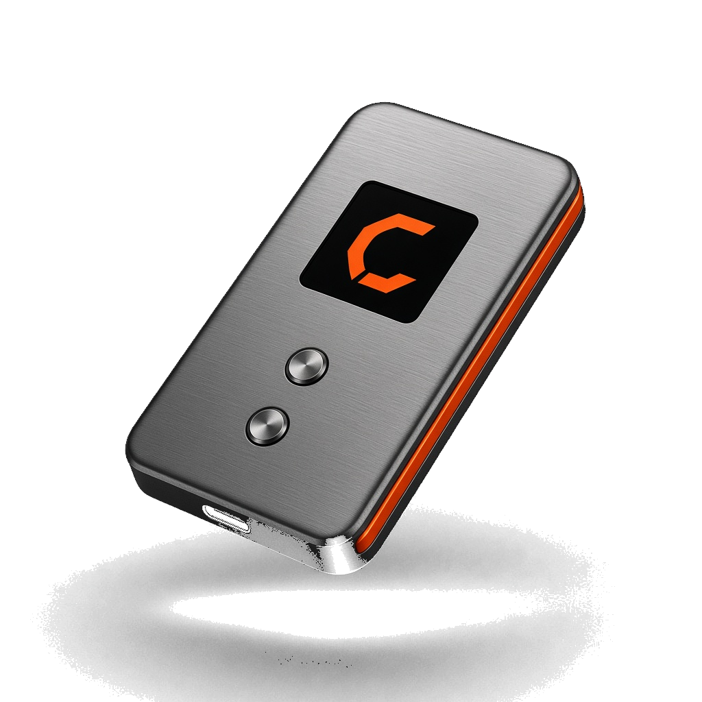 Cypher hardware wallet in brushed metal with an orange edge accent